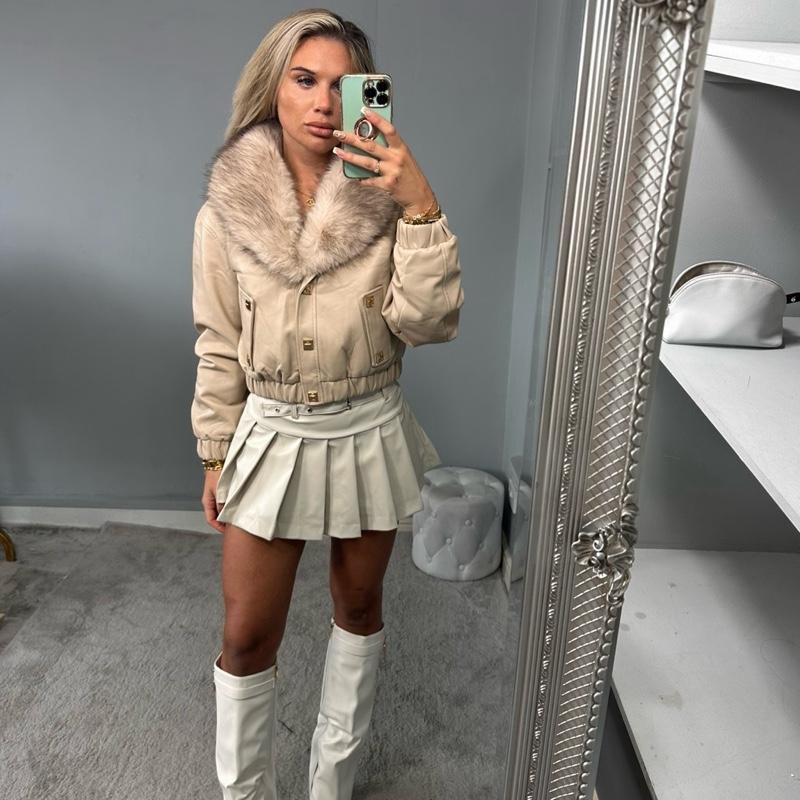 Women’s fitted beige PU leather bomber jacket with fur trim and zip, BLAIR fashion coat.