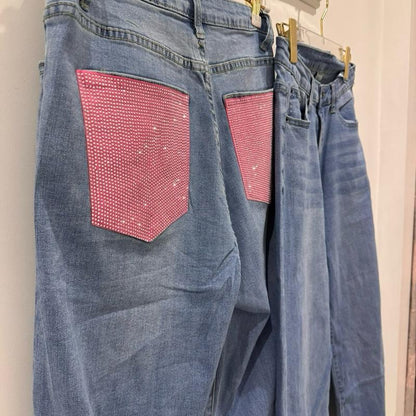 Jean évasé VIOLET Bell Bottom à poches en strass roses