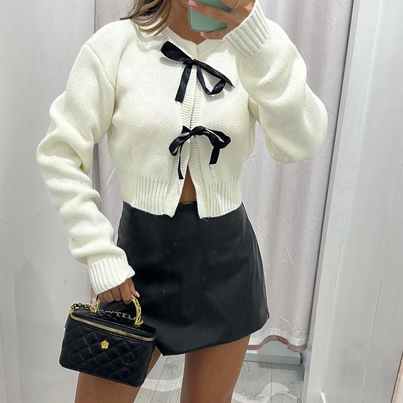 Cropped white sweater with bow accent, AMARA knitted cardigan for women.