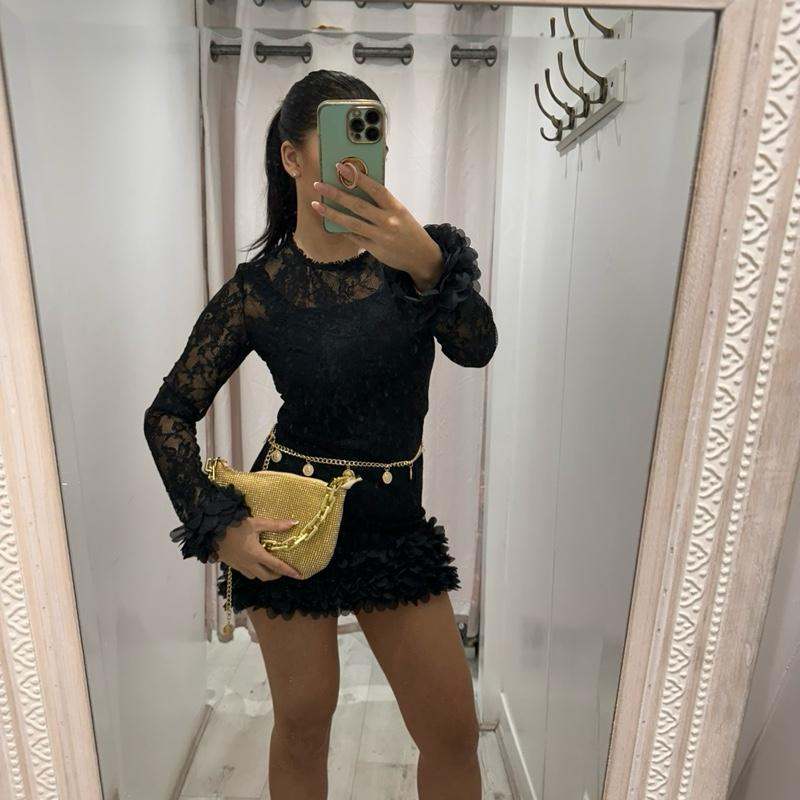 POLLY Lace Dress with Flower Detail Hem