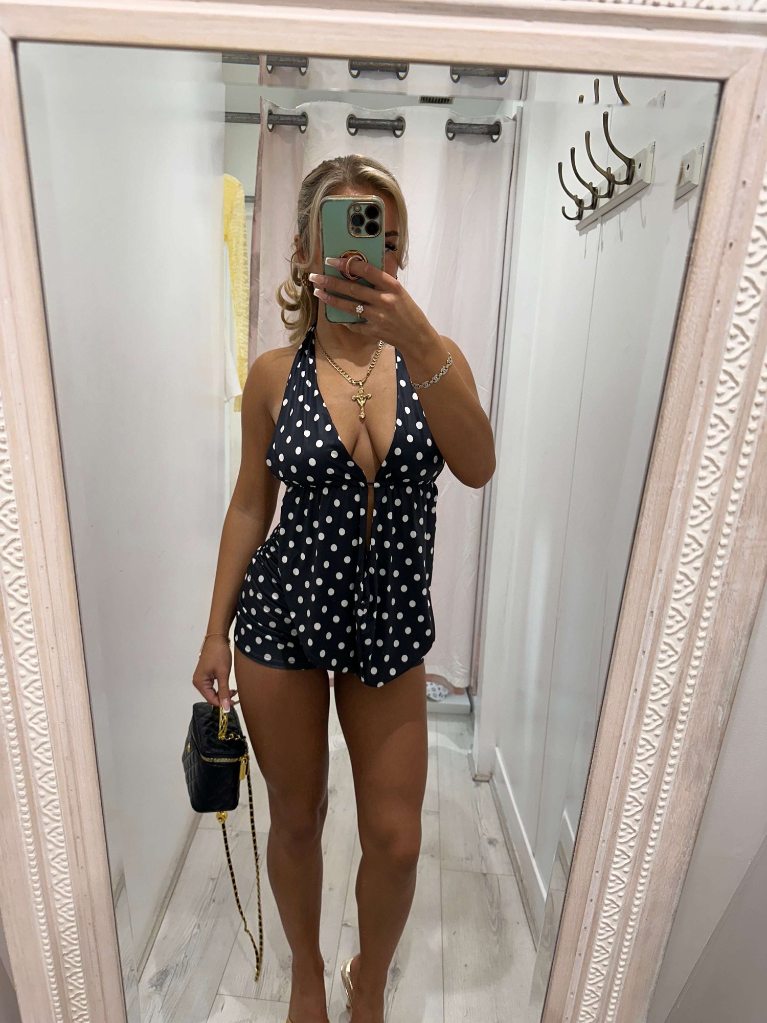 Woman wearing MYLA Two Piece Polka Dot Short and Halter Neck Top Coord set