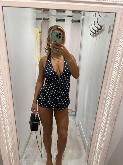 Woman wearing MYLA Two Piece Polka Dot Short and Halter Neck Top Coord set