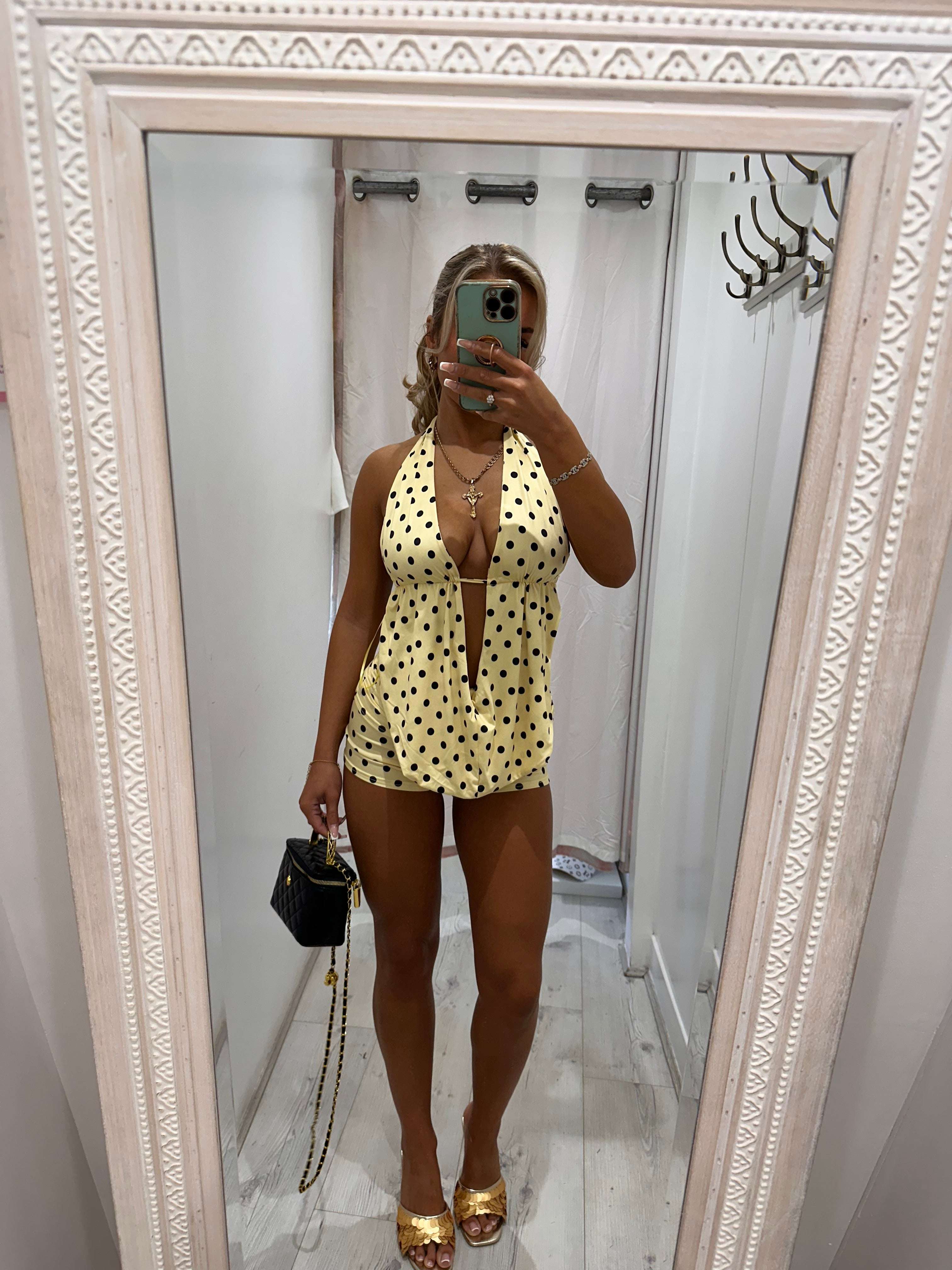 MYLA Two Piece polka dot shorts and halter neck top set for women