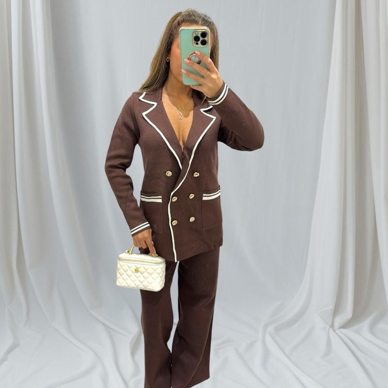 Fawn Cardigan With Gold Button Trousers