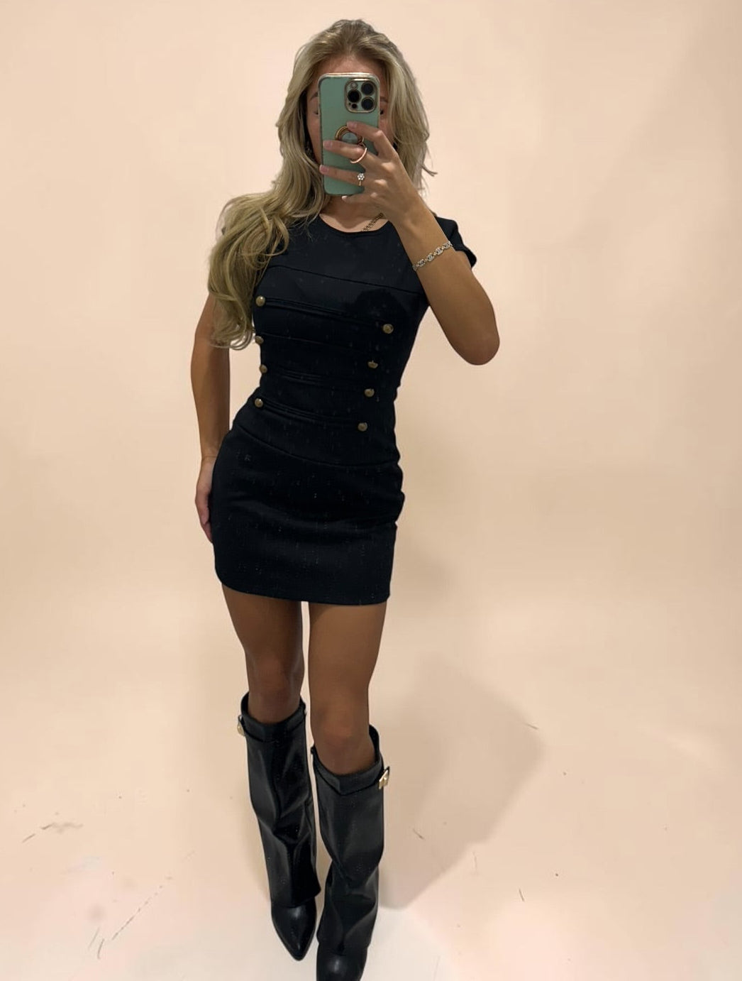MICHAELA Button Detail Padded Shoulder Mini Dress