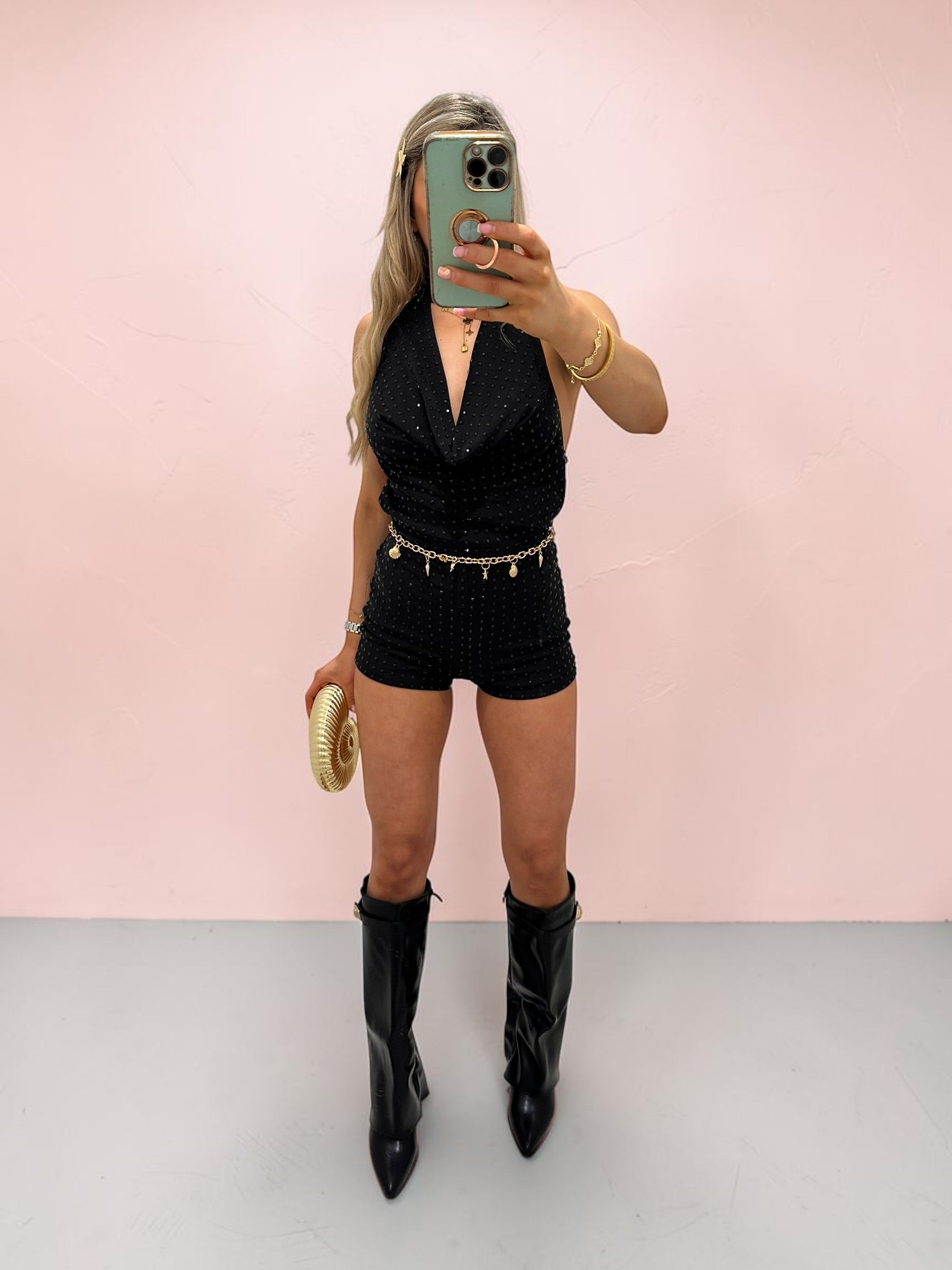 Halter Neck Romper With Diamante Details -NIGHTFALL