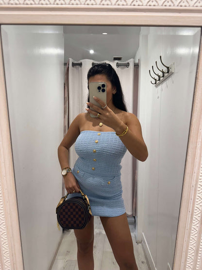Lara Gold Button knitted skirt and bandeau top stylish everyday wear set