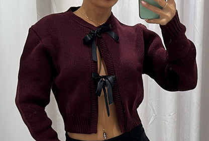 AMARA Knitted Bow Cardigan Cropped Sweater with Bow Detailing