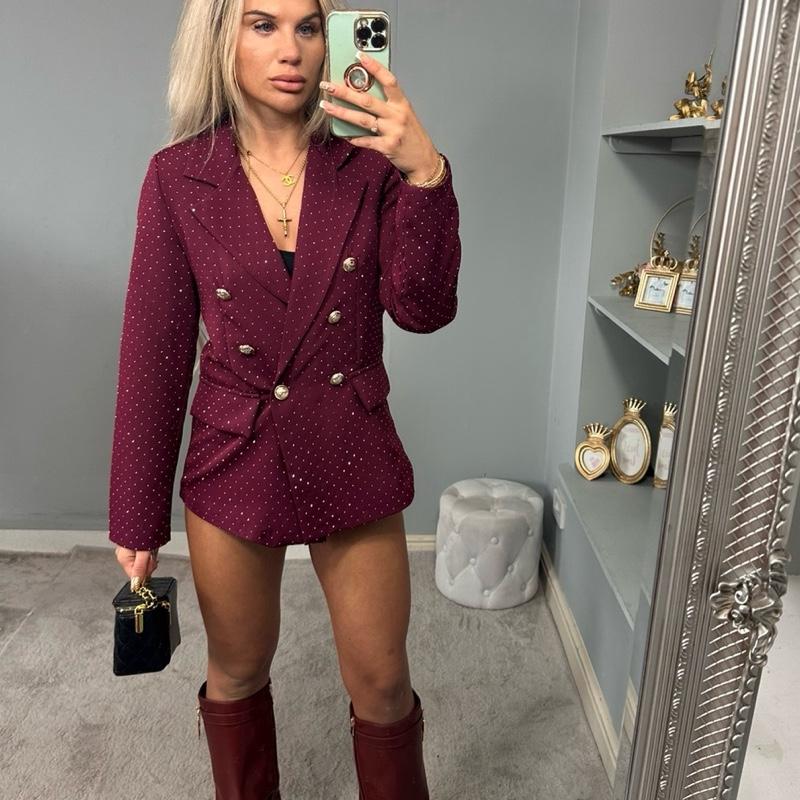 Women’s burgundy fitted blazer with diamanté sparkle, AMBER night-out style.