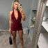 KENDAL Slinky Buckle Detail Dress in rich maroon with halter neckline and draped elegance for clubbing parties