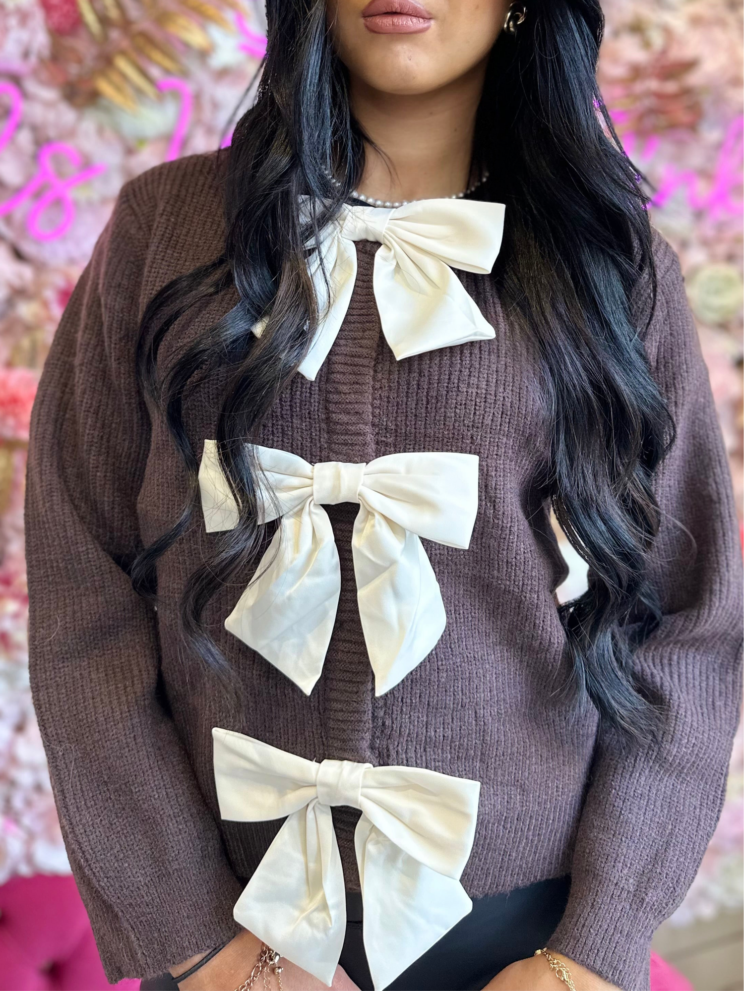 TAYLOR Knitted Bow Cardigan Long Sleeve Womenswear Knitwear Tops