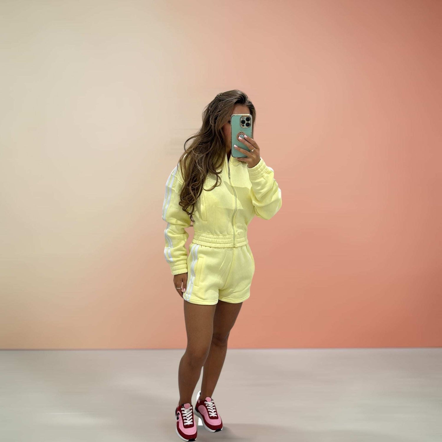 Fleeced Stripe Detail short tracksuit set styled for casual and travel wear