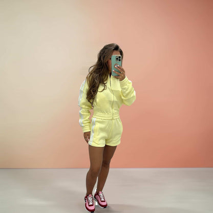 Fleeced Stripe Detail short tracksuit set styled for casual and travel wear