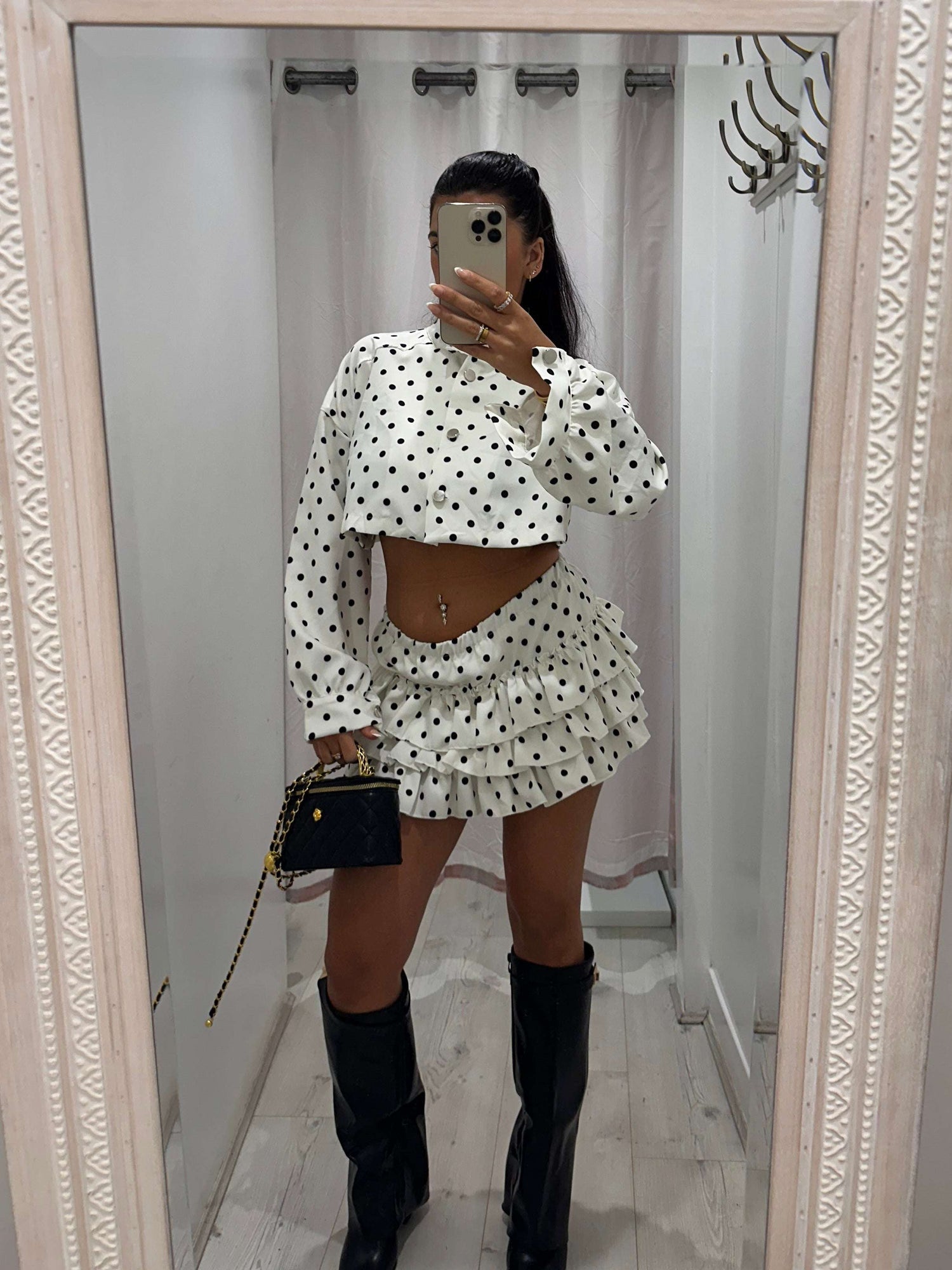 Gardenia Polka Dot Frilly Rara Skirt co ord set with distinctive polka dots and frilled rara skirt for stylish outfits