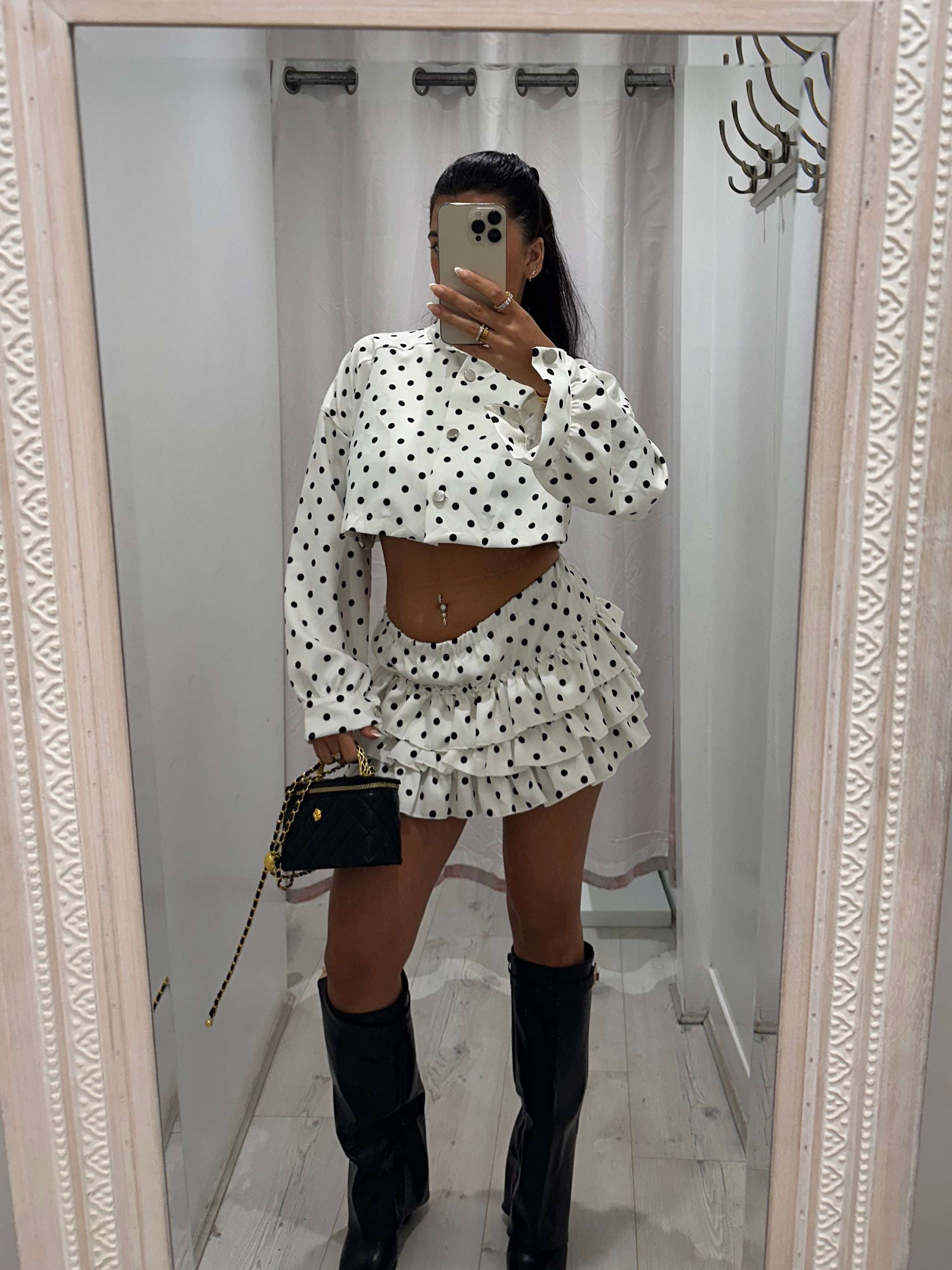 Gardenia Polka Dot Frilly Rara Skirt co ord set with distinctive polka dots and frilled rara skirt for stylish outfits