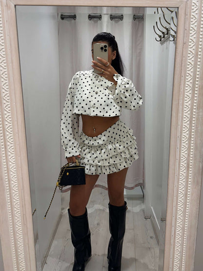 Gardenia Polka Dot Frilly Rara Skirt co ord set with distinctive polka dots and frilled rara skirt for stylish outfits