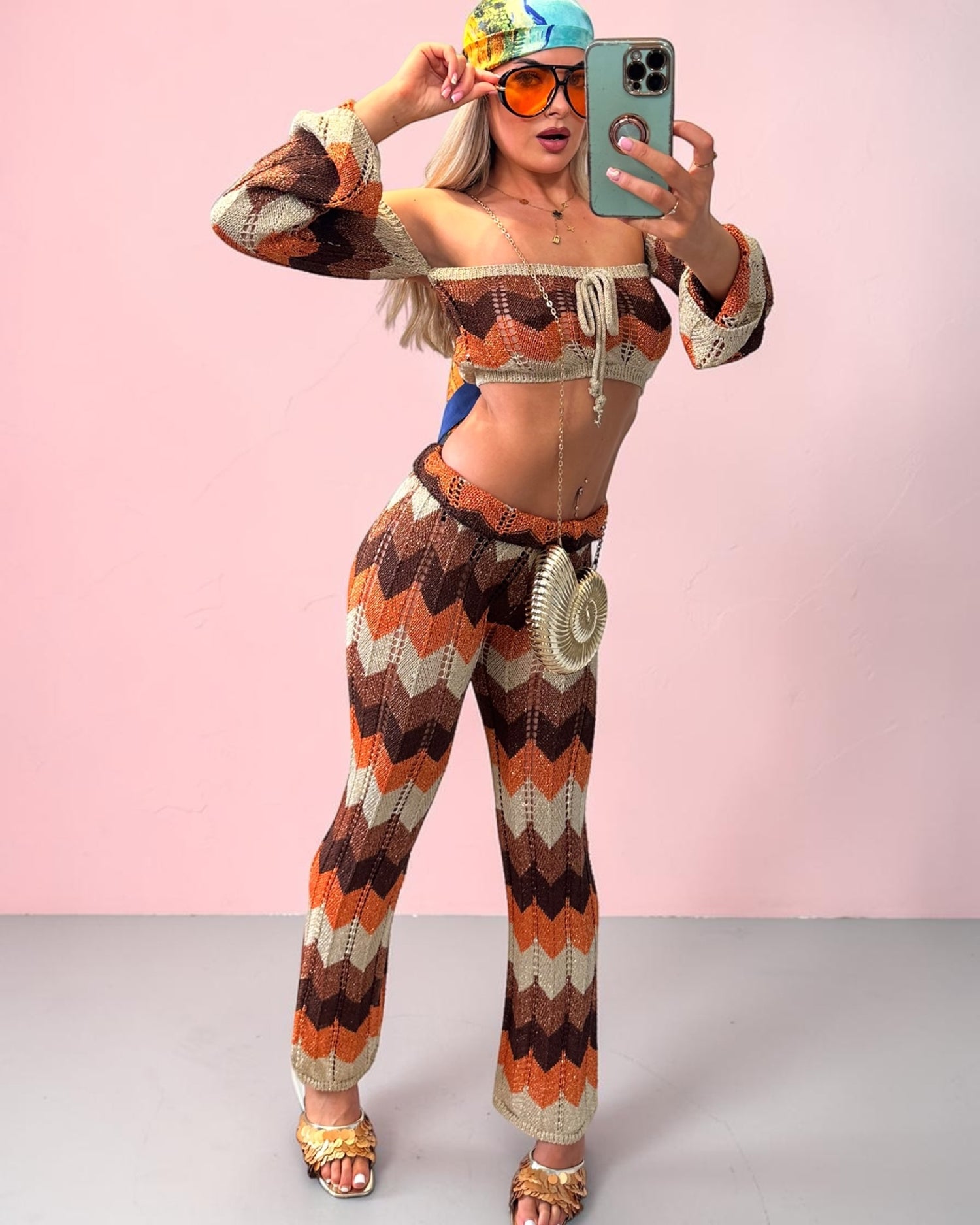 SHANIA Zig Zag Sparkly Lurex Knitted Top &amp; Trouser Coord