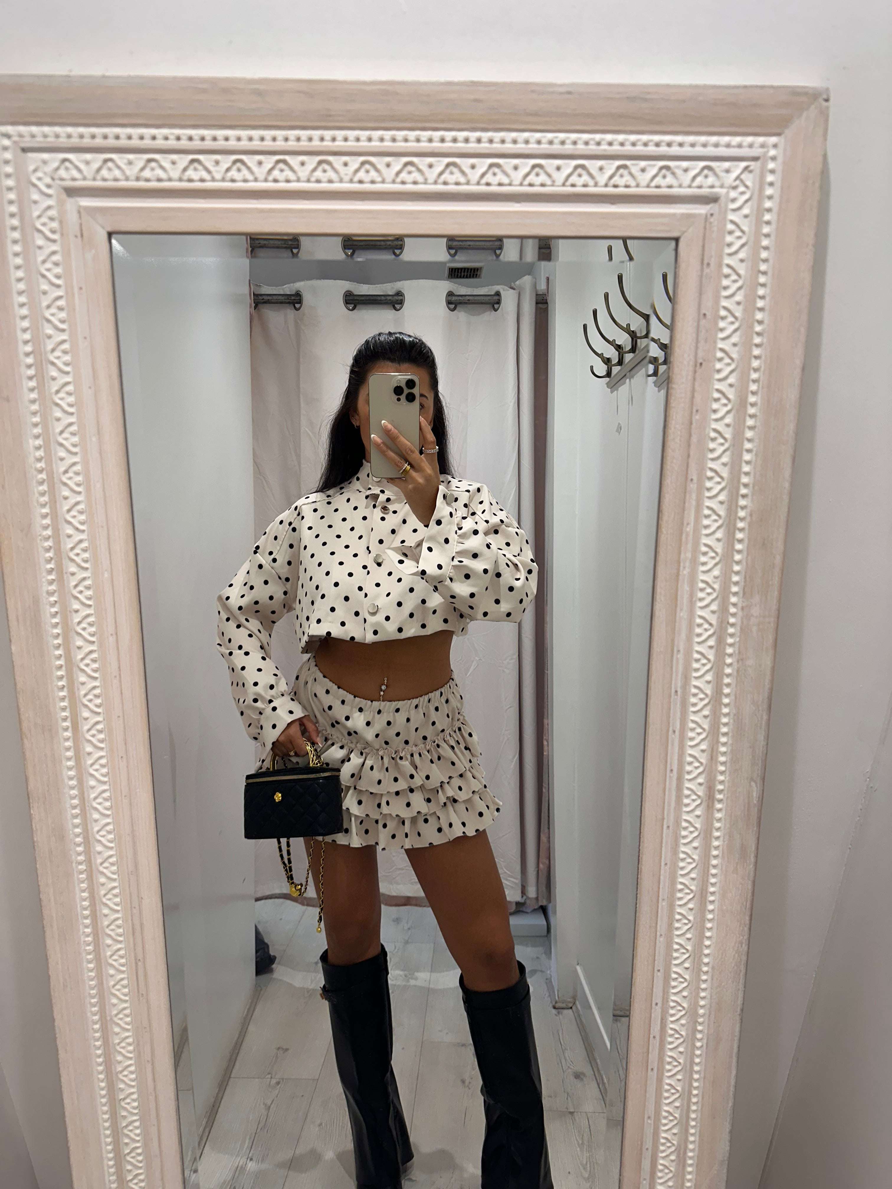 Gardenia Polka Dot Frilly Rara Skirt Co Ord Set with stylish polka dot design and frilled rara skirt for versatile fashion