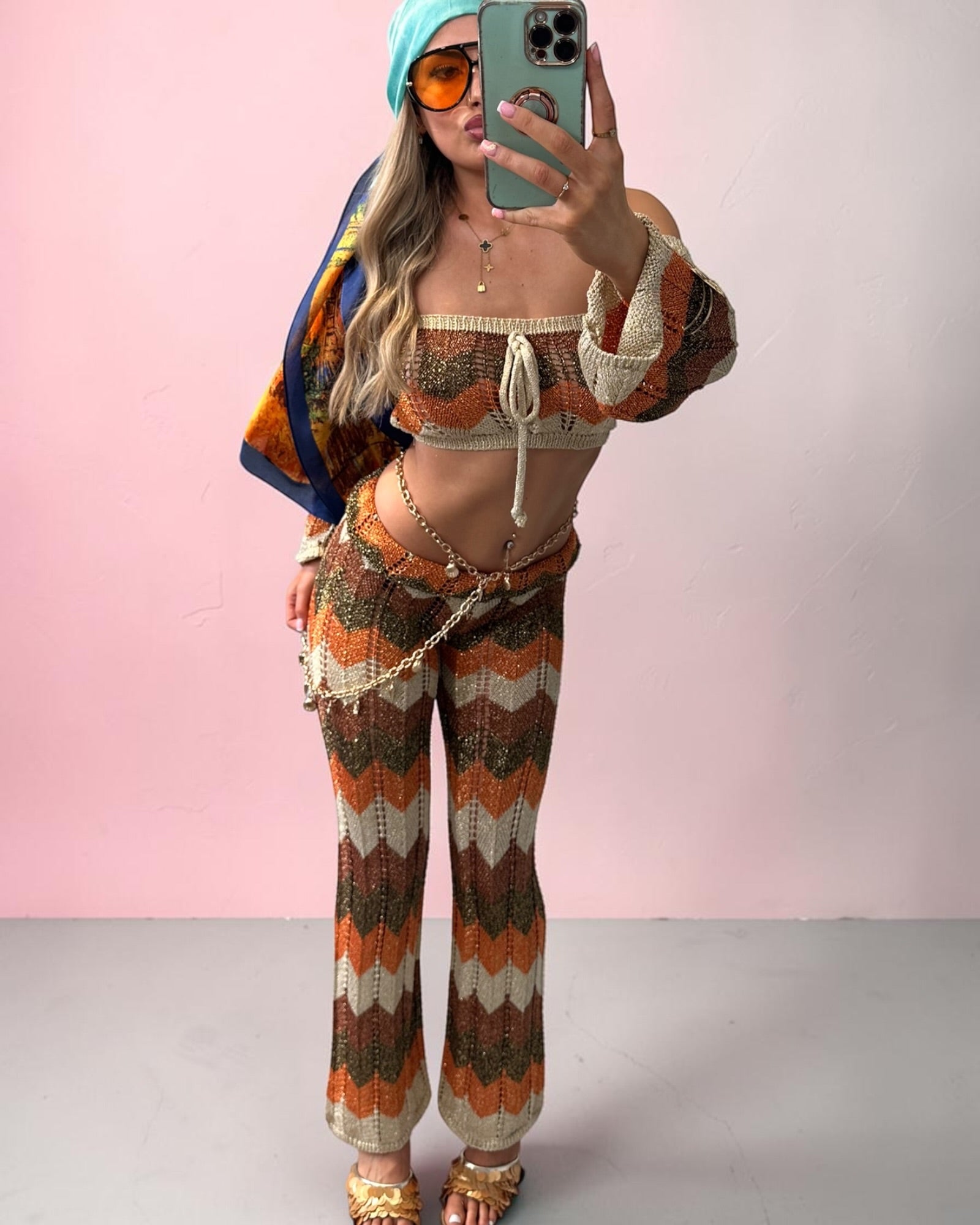 SHANIA Zig Zag Sparkly Lurex Knitted Top &amp; Trouser Coord