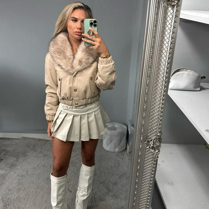 Stylish beige BLAIR bomber jacket with faux fur collar, long sleeve women’s outerwear.