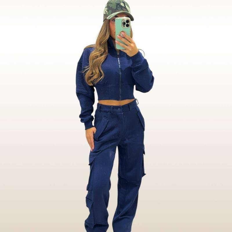 Model wearing KADIE Zip Up Cropped Top and Cargo Trouser Tracksuit Coord in beige, styled for casual comfort and functionality
