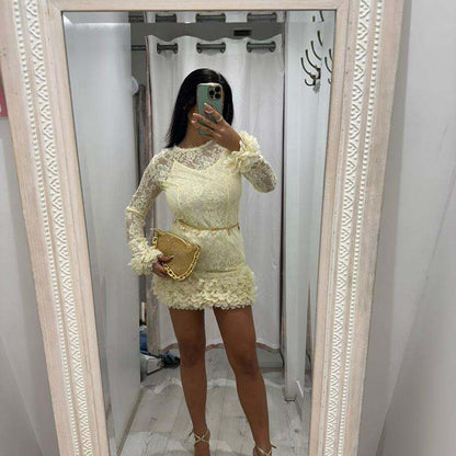 POLLY Lace Dress with Flower Detail Hem