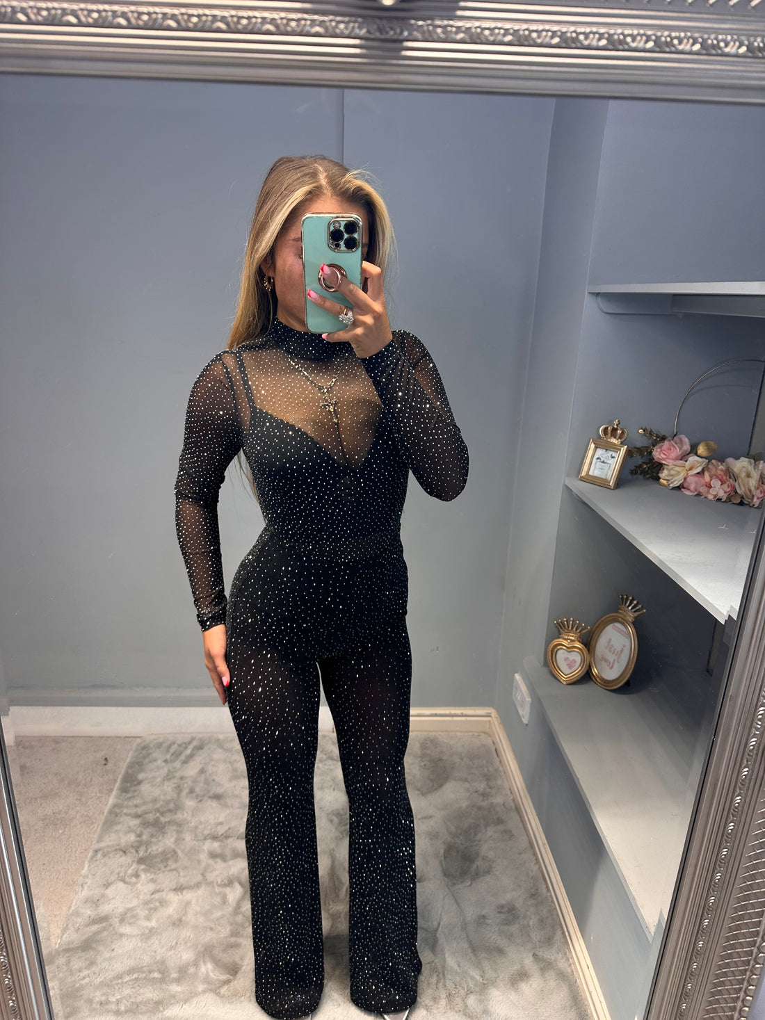 ALBA SHEER SPARKLY STUDDED FLARED PANTS