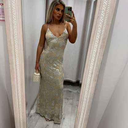 MIRELLE Sequin Open Back Maxi Dress