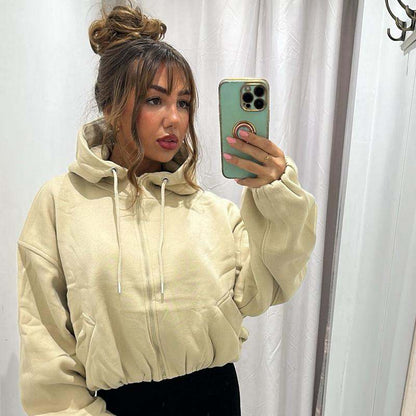 BECCA beige cropped hoodie with fleece lining, minimalist winter top.
