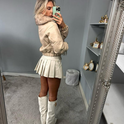 Women’s fitted beige PU leather bomber jacket with fur trim and zip, BLAIR fashion coat.