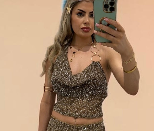 NOAH Sequin Knitted Halterneck Top With Chain Detail For Holiday &amp; Festivals
