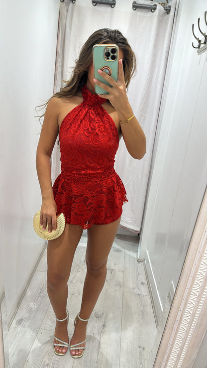 Dayna Red Halter Neck Playsuit