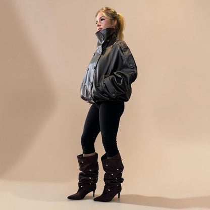 SOLARA Studded Kitten Heel Suede Knee High Boots
