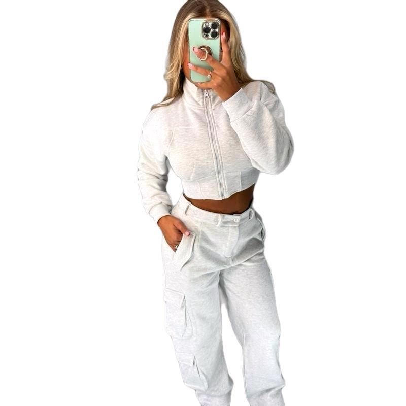 Woman wearing KADIE Zip Up Cropped Top and Cargo Trouser Tracksuit Coord in casual stylish outfit