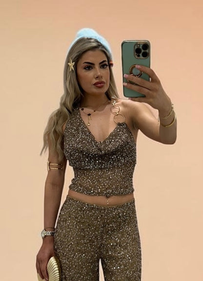 NOAH Sequin Knitted Halterneck Top With Chain Detail For Holiday &amp; Festivals