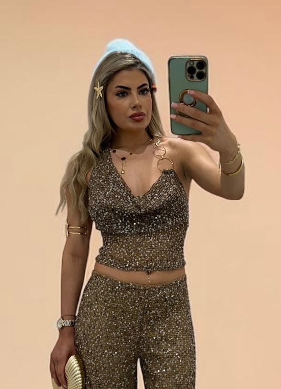 NOAH Sequin Knitted Halterneck Top With Chain Detail For Holiday & Festivals