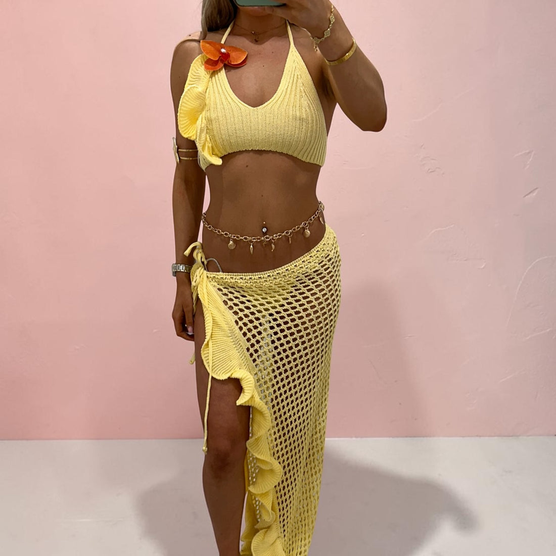 LOLA Crochet Ruffled Skirt &amp; Top two peice Coord set