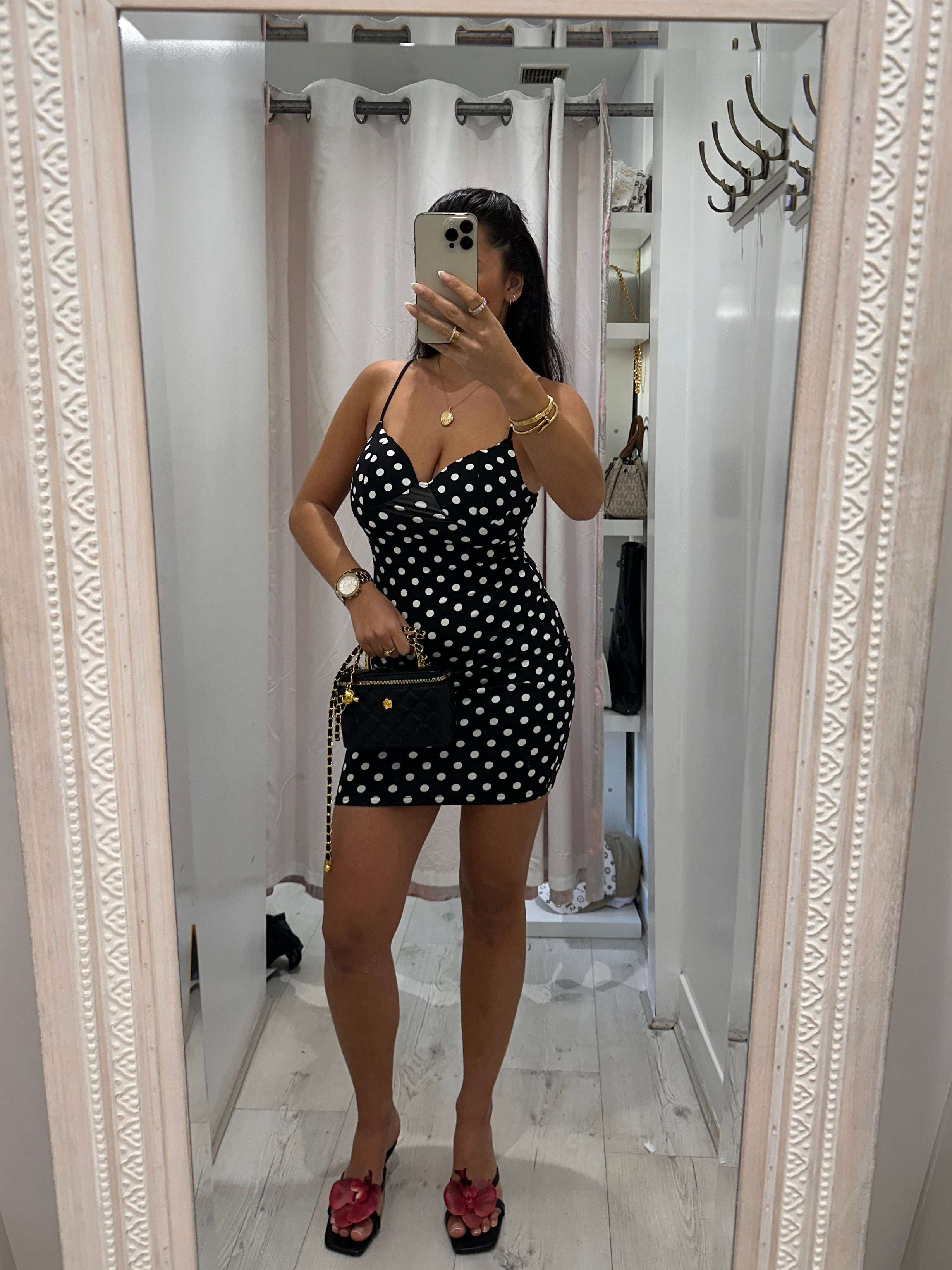 VERITY Polka Dot Mini Dress - White with Black Dots, Sleeveless, V-Neck, Summer Style, Perfect for Casual Wear