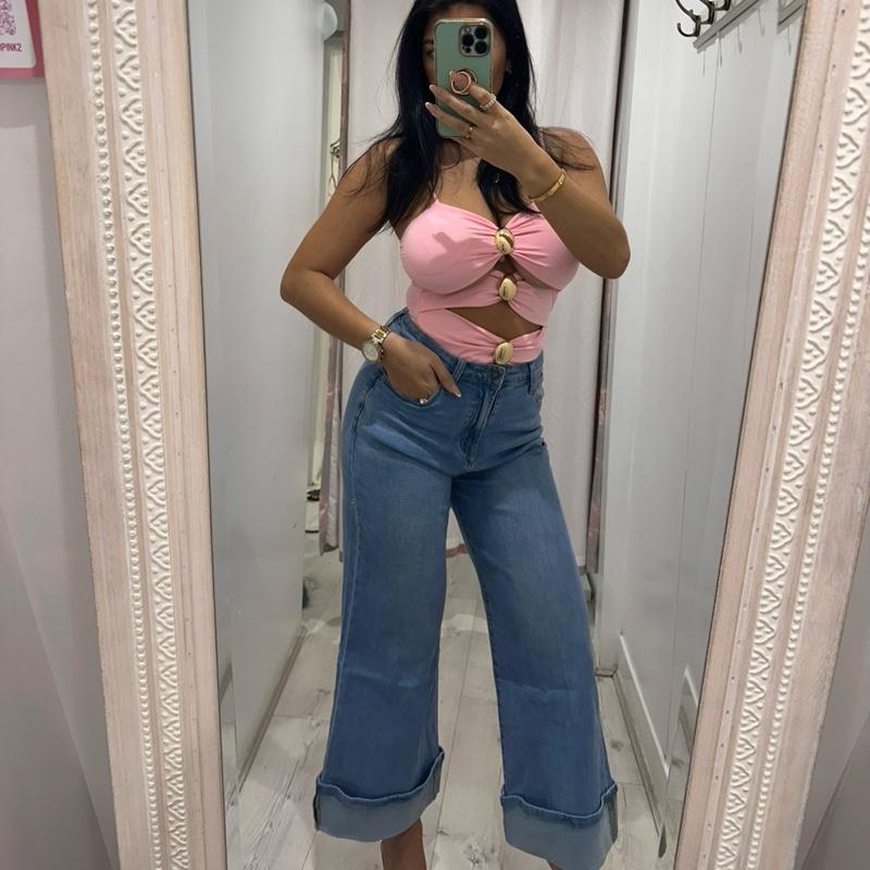 VIOLET Bell Bottom Wide Leg Jeans with Pink Rhinestone Pockets