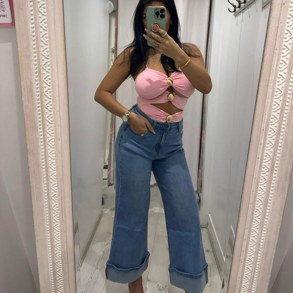 VIOLET Bell Bottom Wide Leg Jeans with Pink Rhinestone Pockets