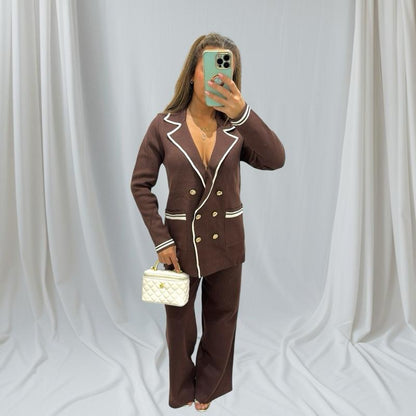 Fawn Cardigan With Gold Button Trousers