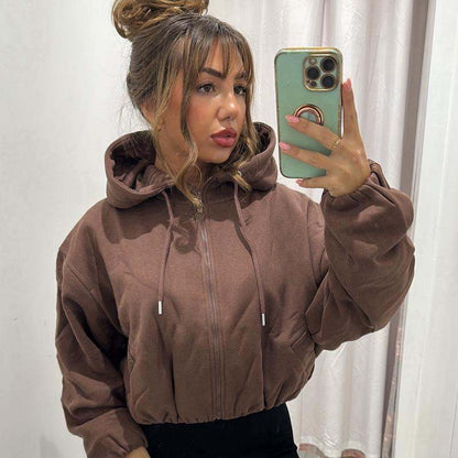 Women’s brown fleece-lined cropped hoodie with bubble hem, BECCA style.