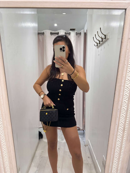 Lara Gold Button knitted skirt and bandeau top set stylish everyday outfit