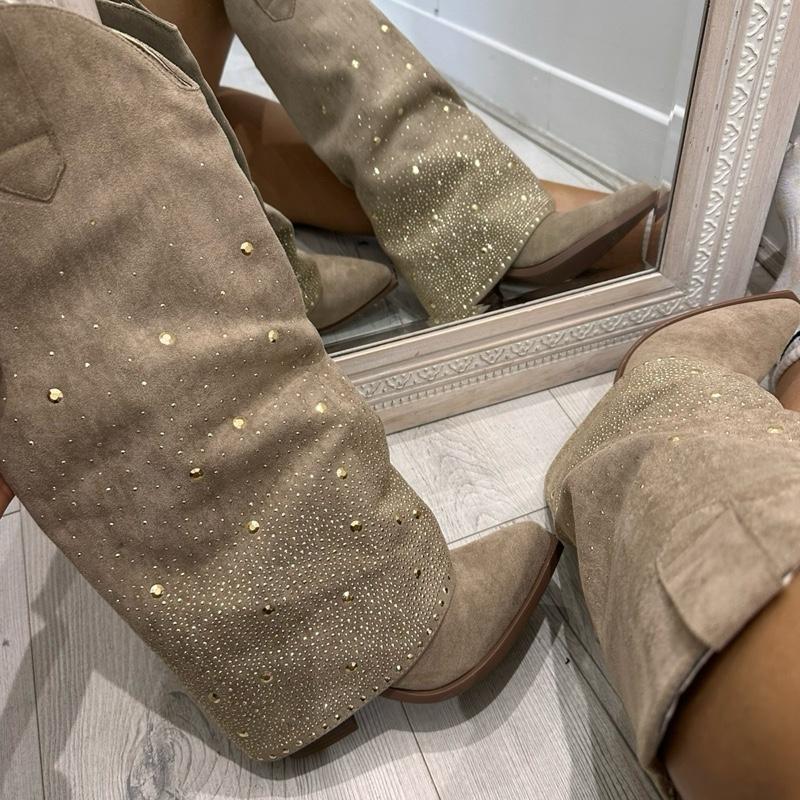 Orla Beige Suede Rhinestone Cowboy Boots