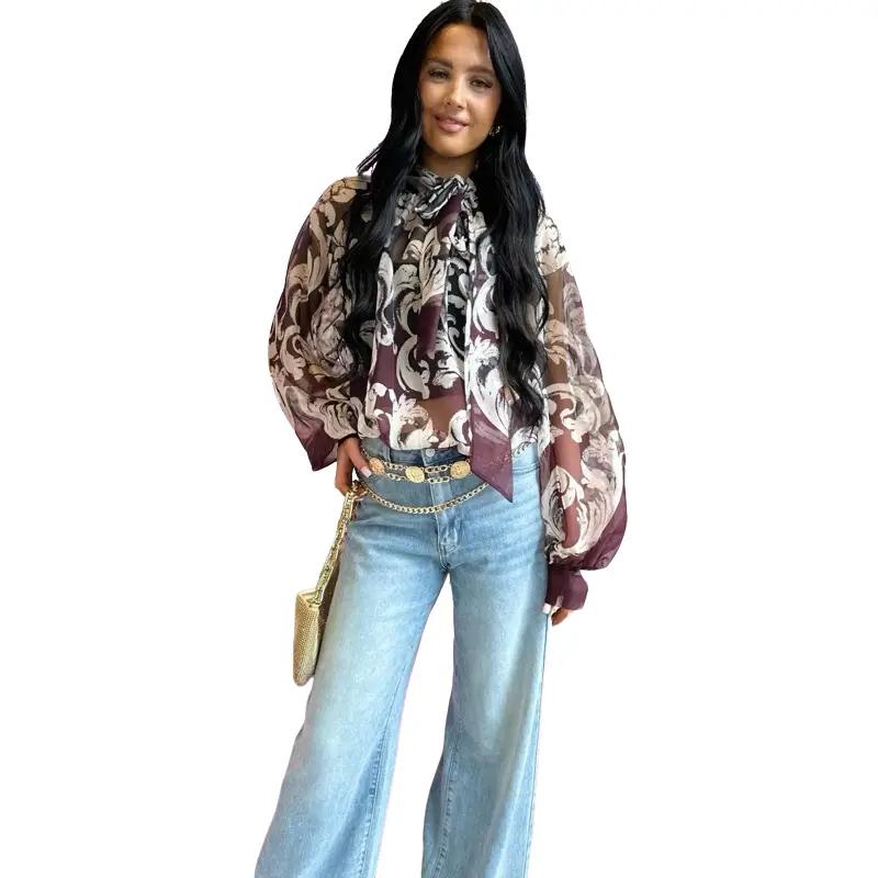 VICKY Sheer Blouse Top With Bow On Neck (One Size 6-12)