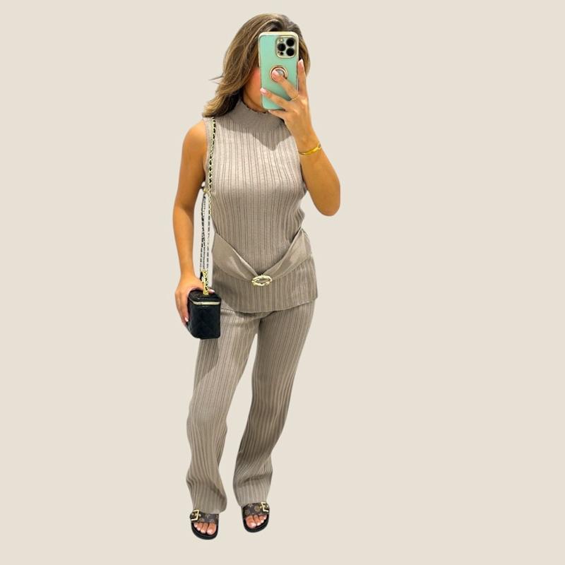 KIA Ribbed Sleeveless Top With Gold Buckle detailing &amp; Trouser Set