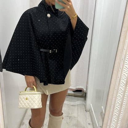 Mimi  Rhinestone Detailing  Belted Cape Poncho