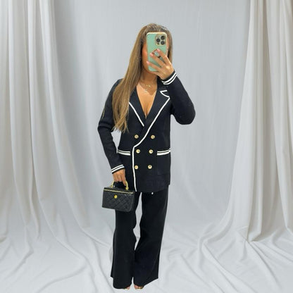 Fawn Cardigan With Gold Button Trousers