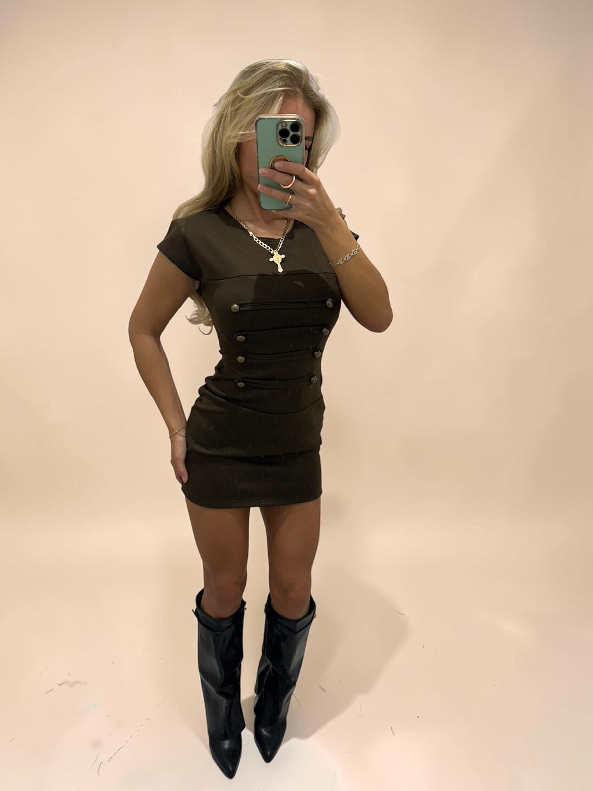 MICHAELA Button Detail Padded Shoulder Mini Dress