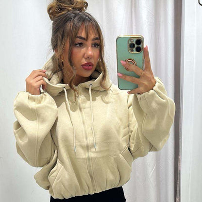 BECCA beige cropped hoodie with fleece lining, minimalist winter top.